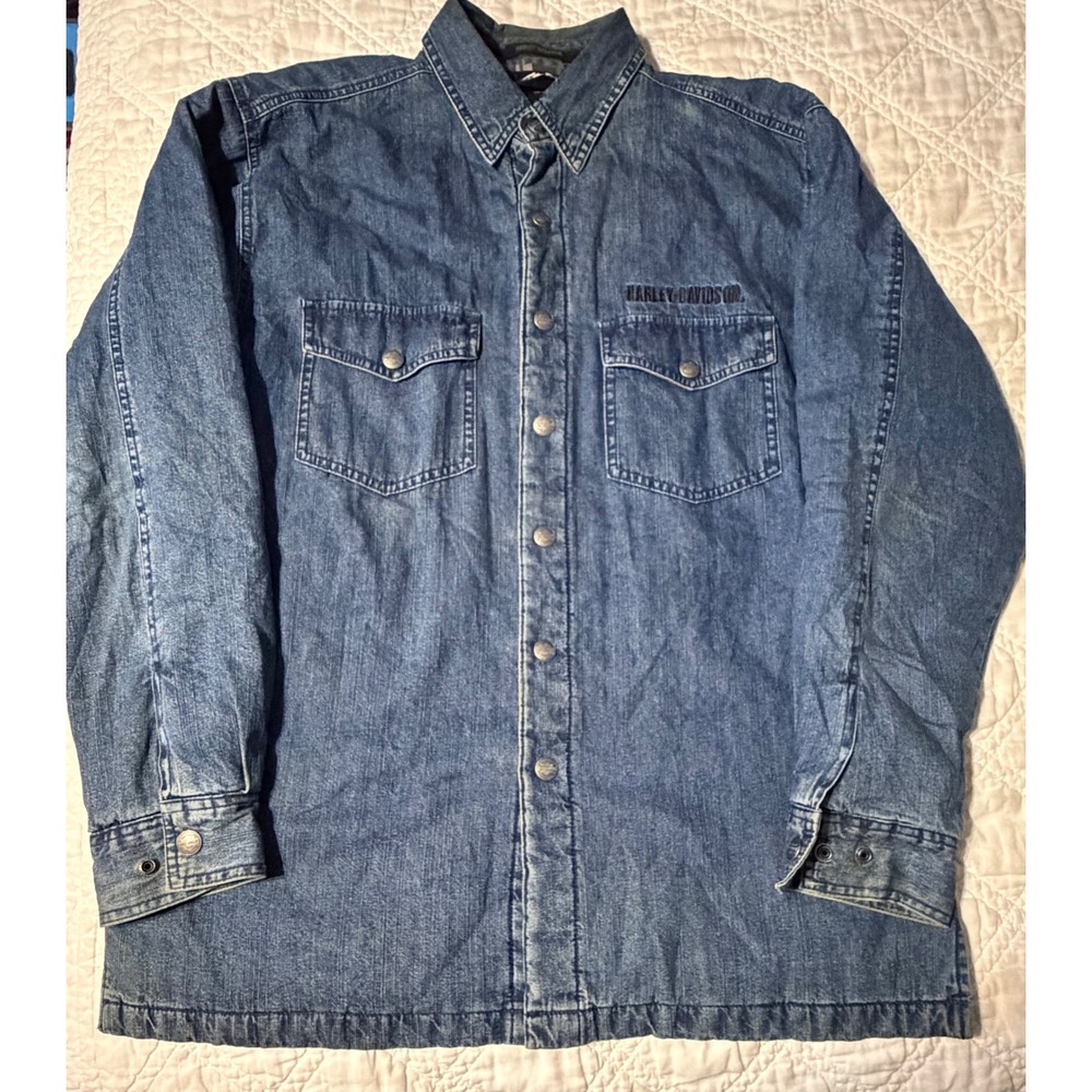 Harley Davidson Denim Jacket Mens Large Blue Blanket Lined Wolf Embroidered Logo